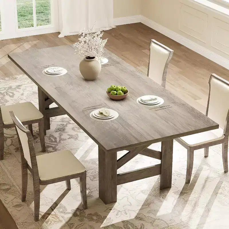 71 Grande Table à Manger pour 6-8 Personnes, Table de Cuisine en Bois Style Ferme avec Pieds Triangulaires Robustes, Plateau Épais Rectangulaire, Base Résistante pour Salle à Manger
