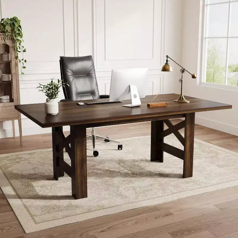 71 Grande Table à Manger pour 6-8 Personnes, Table de Cuisine en Bois Style Ferme avec Pieds Triangulaires Robustes, Plateau Épais Rectangulaire, Base Résistante pour Salle à Manger