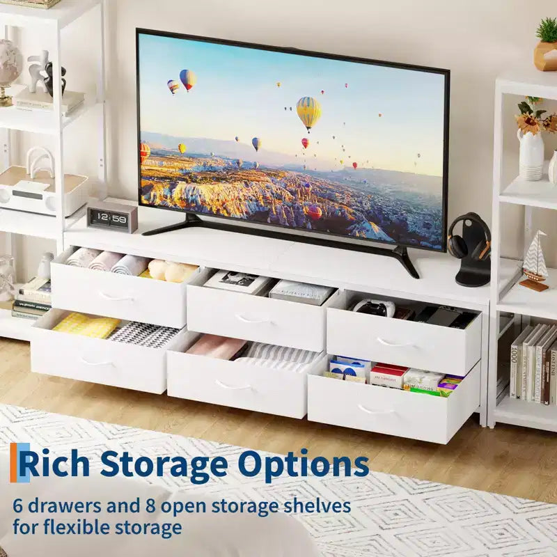 Meuble TV pour téléviseur 75 pouces, centre de divertissement moderne avec lumières LED, prises électriques, 6 tiroirs et étagères à livres, noir
