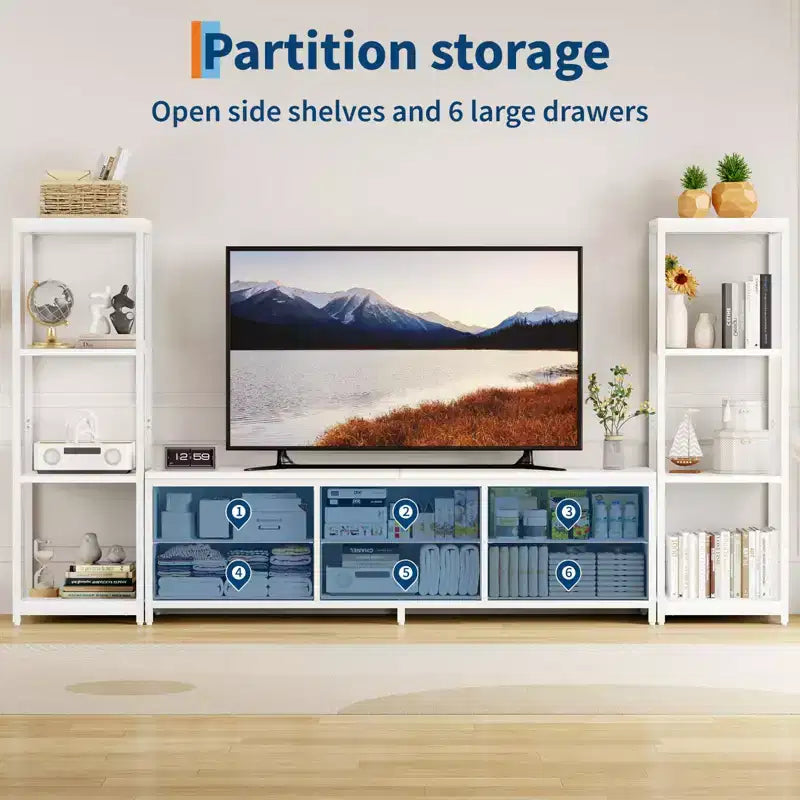 Meuble TV pour téléviseur 75 pouces, centre de divertissement moderne avec lumières LED, prises électriques, 6 tiroirs et étagères à livres, noir