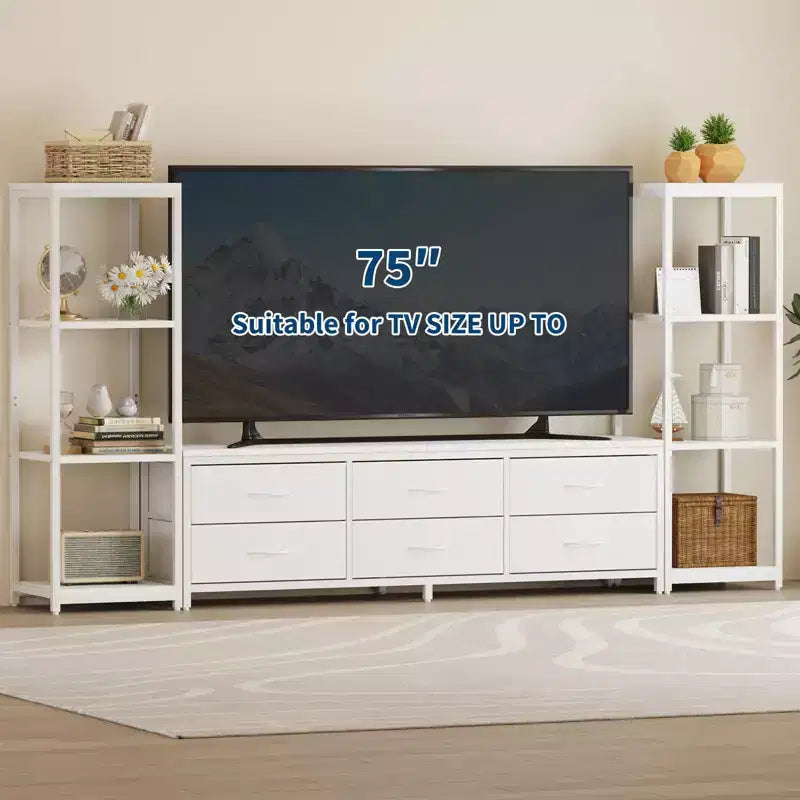 Meuble TV pour téléviseur 75 pouces, centre de divertissement moderne avec lumières LED, prises électriques, 6 tiroirs et étagères à livres, noir