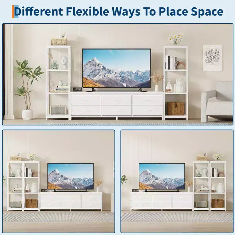 Meuble TV pour téléviseur 75 pouces, centre de divertissement moderne avec lumières LED, prises électriques, 6 tiroirs et étagères à livres, noir