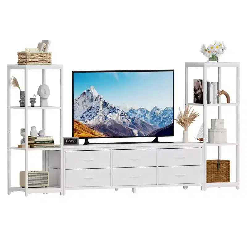 Meuble TV pour téléviseur 75 pouces, centre de divertissement moderne avec lumières LED, prises électriques, 6 tiroirs et étagères à livres, noir