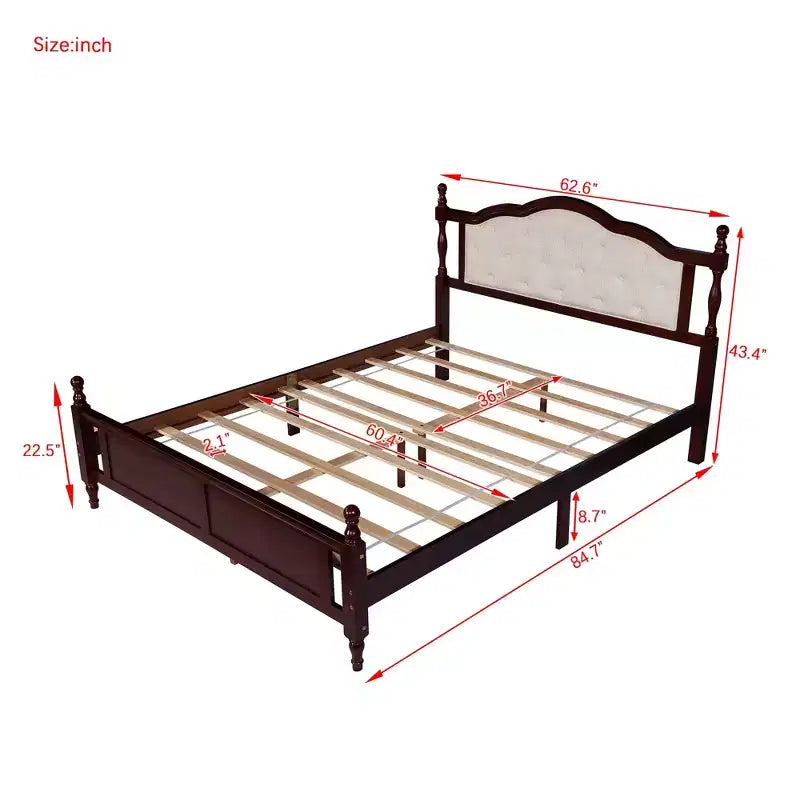 Lit plateforme vintage Queen size avec tête de lit rembourrée et pied de lit à panneaux