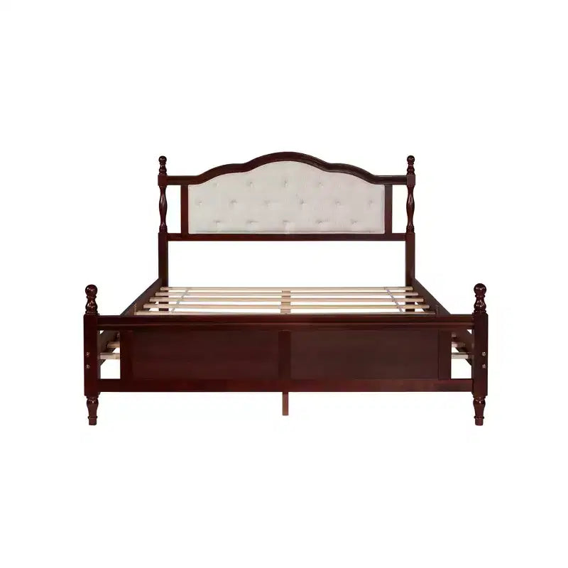 Lit plateforme vintage Queen size avec tête de lit rembourrée et pied de lit à panneaux
