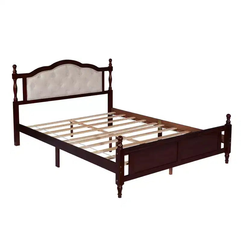 Lit plateforme vintage Queen size avec tête de lit rembourrée et pied de lit à panneaux