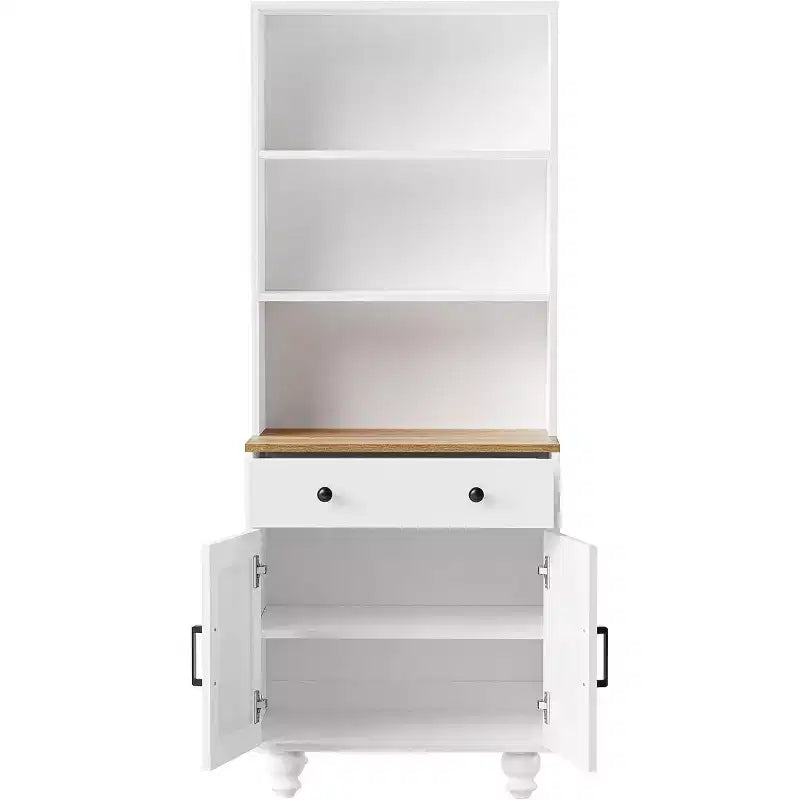 Armoire de cuisine haute avec comptoir et tiroirs, étagère à 5 niveaux avec tablettes réglables et pieds en forme de calebasse pour bureau à domicile