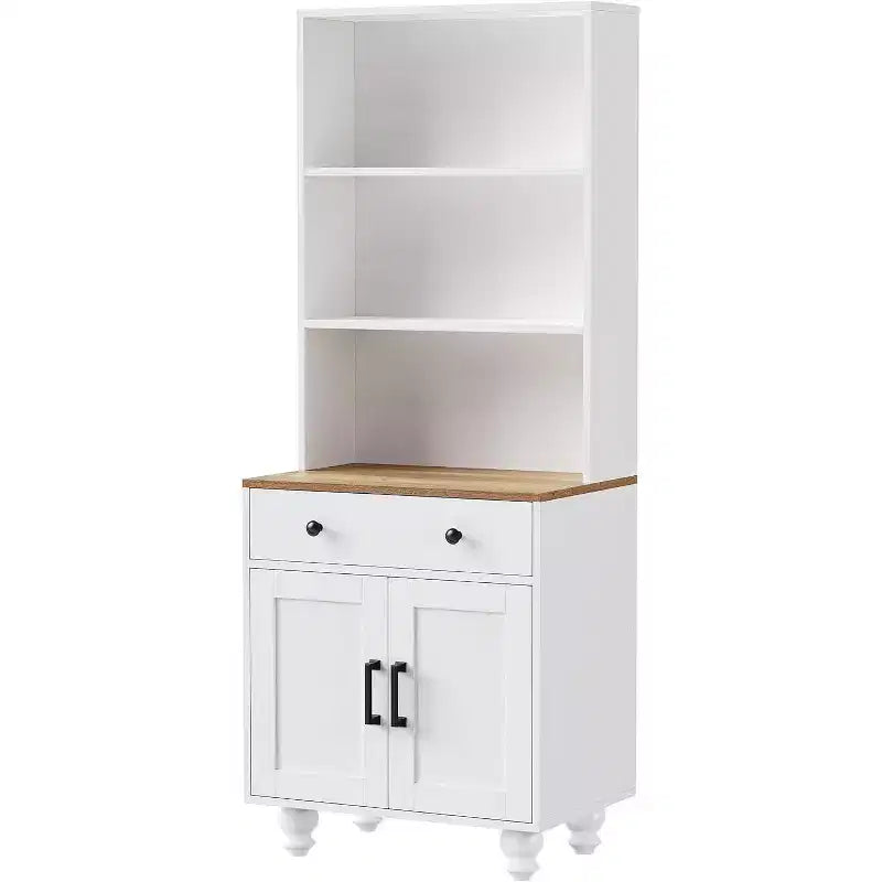 Armoire de cuisine haute avec comptoir et tiroirs, étagère à 5 niveaux avec tablettes réglables et pieds en forme de calebasse pour bureau à domicile