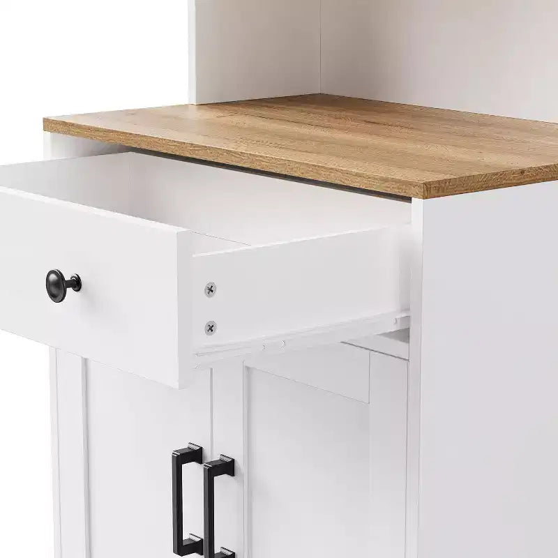 Armoire de cuisine haute avec comptoir et tiroirs, étagère à 5 niveaux avec tablettes réglables et pieds en forme de calebasse pour bureau à domicile