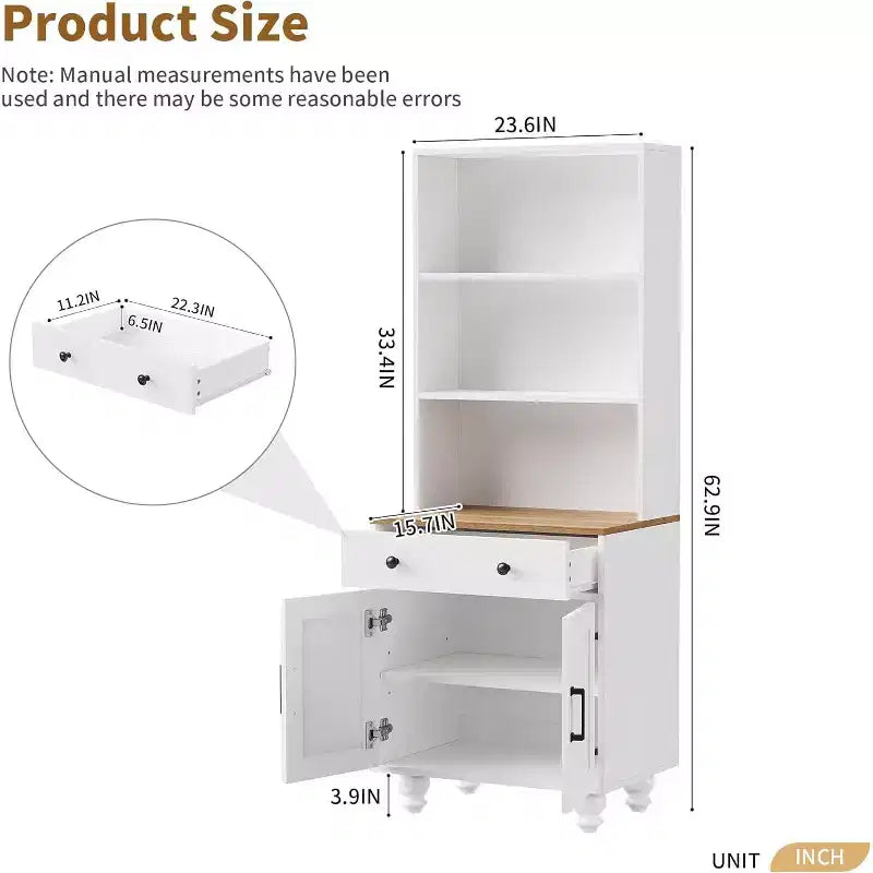 Armoire de cuisine haute avec comptoir et tiroirs, étagère à 5 niveaux avec tablettes réglables et pieds en forme de calebasse pour bureau à domicile