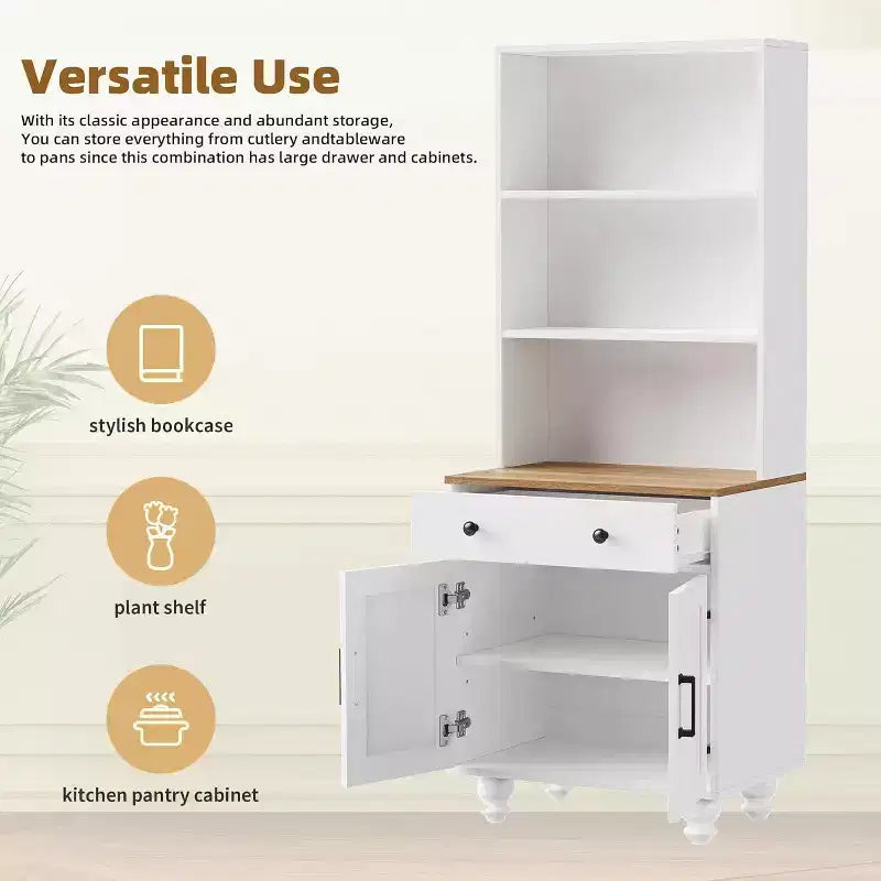 Armoire de cuisine haute avec comptoir et tiroirs, étagère à 5 niveaux avec tablettes réglables et pieds en forme de calebasse pour bureau à domicile