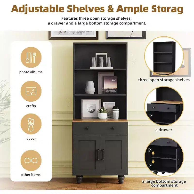 Armoire de cuisine haute avec comptoir et tiroirs, étagère à 5 niveaux avec tablettes réglables et pieds en forme de calebasse pour bureau à domicile