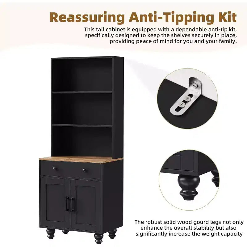 Armoire de cuisine haute avec comptoir et tiroirs, étagère à 5 niveaux avec tablettes réglables et pieds en forme de calebasse pour bureau à domicile