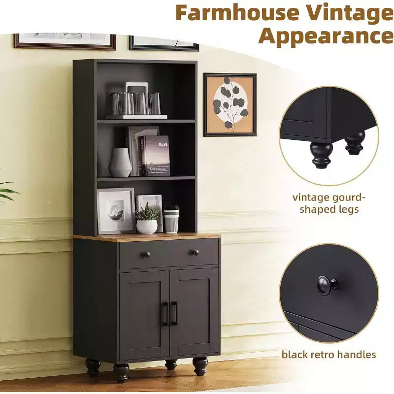Armoire de cuisine haute avec comptoir et tiroirs, étagère à 5 niveaux avec tablettes réglables et pieds en forme de calebasse pour bureau à domicile