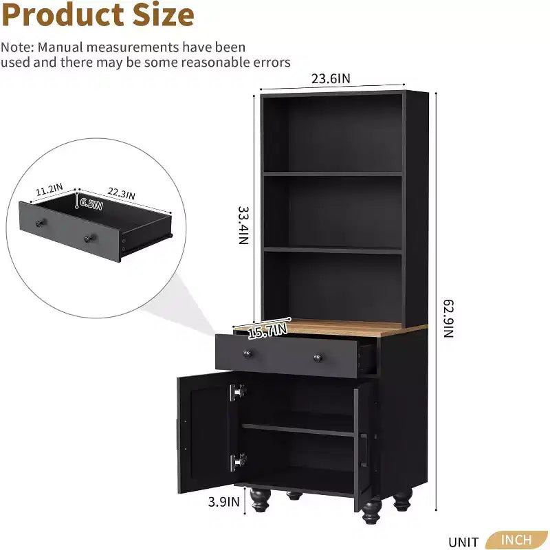 Armoire de cuisine haute avec comptoir et tiroirs, étagère à 5 niveaux avec tablettes réglables et pieds en forme de calebasse pour bureau à domicile