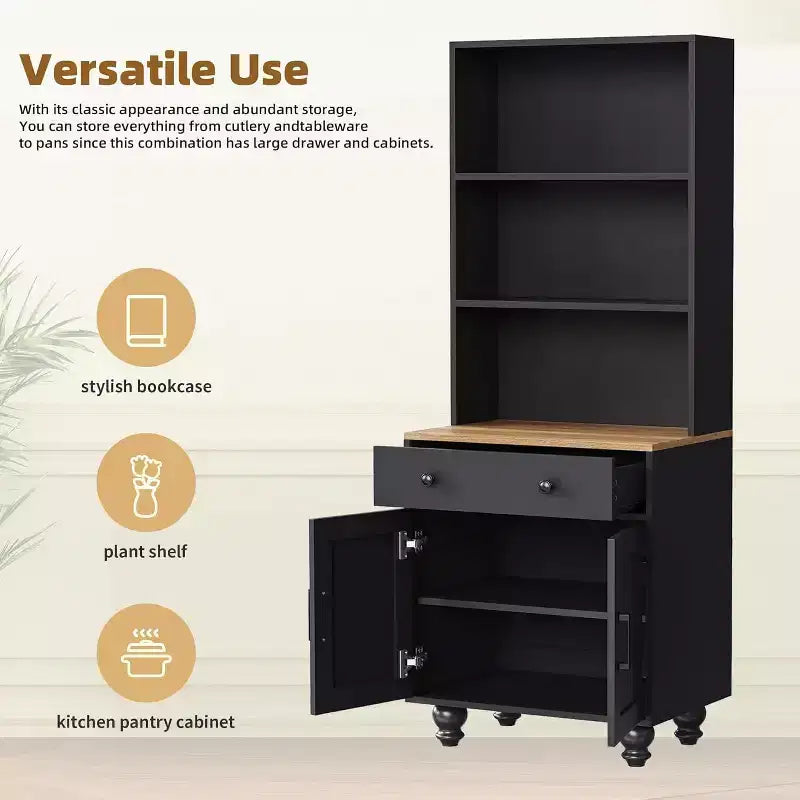 Armoire de cuisine haute avec comptoir et tiroirs, étagère à 5 niveaux avec tablettes réglables et pieds en forme de calebasse pour bureau à domicile