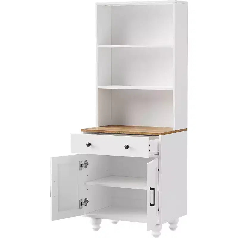 Armoire de cuisine haute avec comptoir et tiroirs, étagère à 5 niveaux avec tablettes réglables et pieds en forme de calebasse pour bureau à domicile