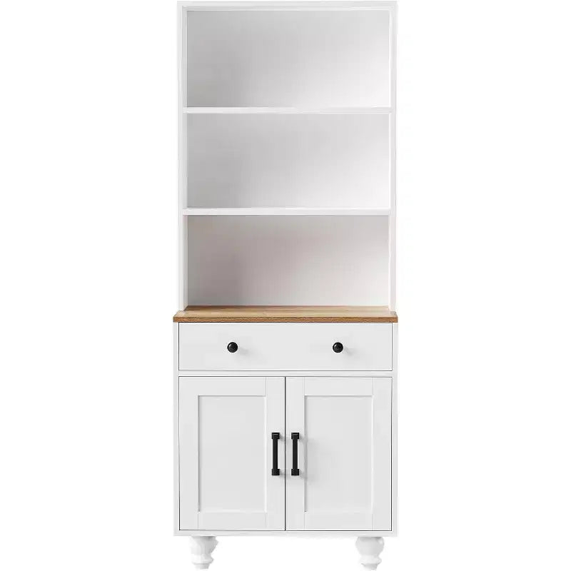 Armoire de cuisine haute avec comptoir et tiroirs, étagère à 5 niveaux avec tablettes réglables et pieds en forme de calebasse pour bureau à domicile