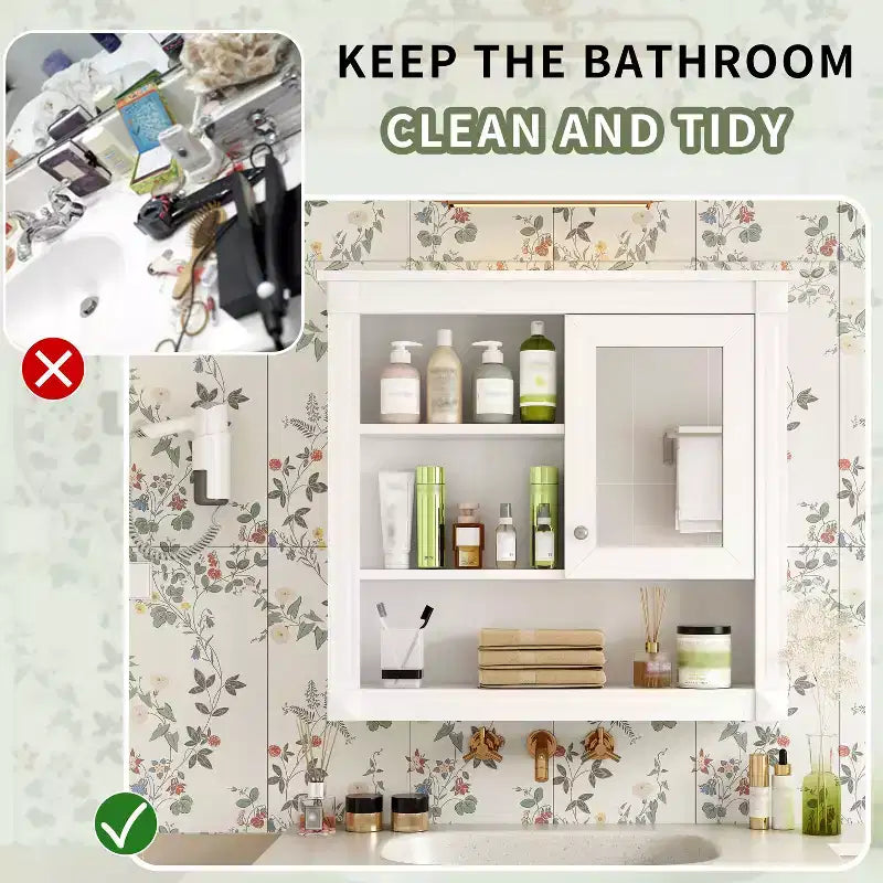 Meuble haut de salle de bain 32" avec miroir, étagères réglables et 4 étagères de rangement