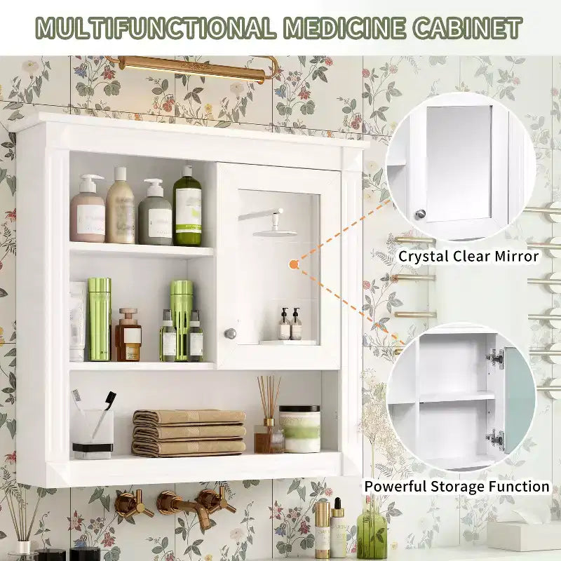 Meuble haut de salle de bain 32" avec miroir, étagères réglables et 4 étagères de rangement