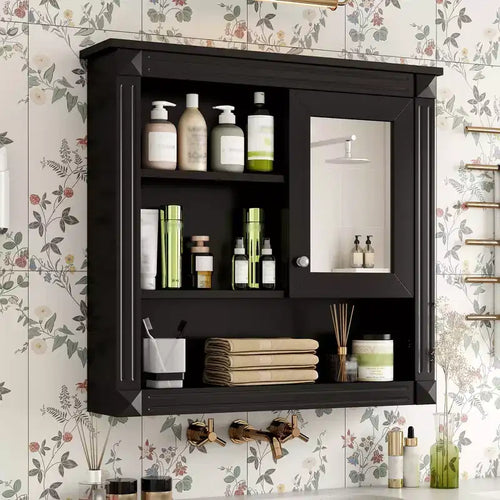 Meuble haut de salle de bain 32" avec miroir, étagères réglables et 4 étagères de rangement