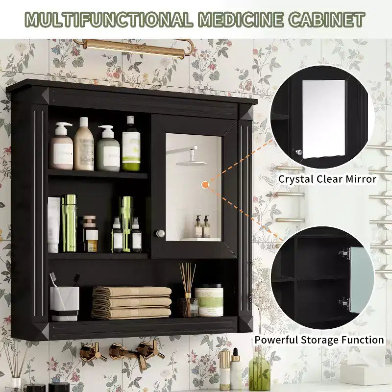 Meuble haut de salle de bain 32" avec miroir, étagères réglables et 4 étagères de rangement