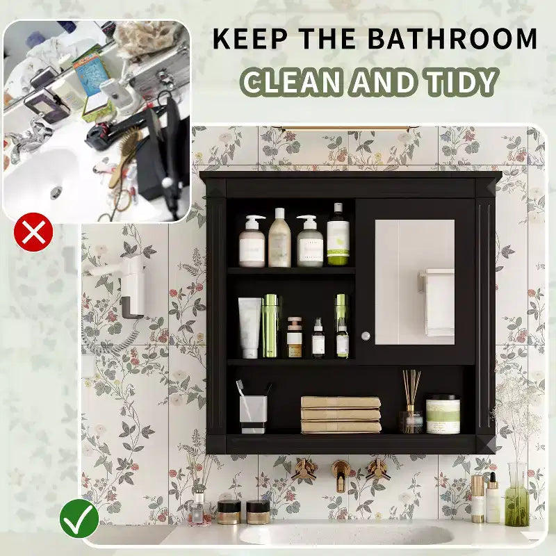 Meuble haut de salle de bain 32" avec miroir, étagères réglables et 4 étagères de rangement