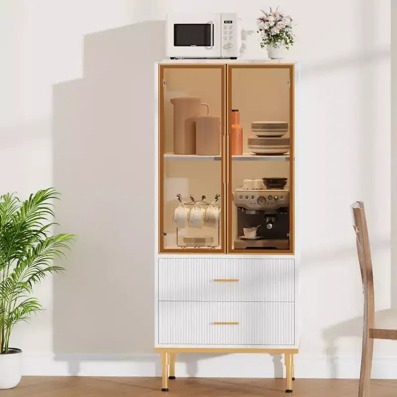 Armoire de rangement avec portes vitrées, buffet avec 2 tiroirs cannelés, étagères réglables pour salon, salle à manger et cuisine.