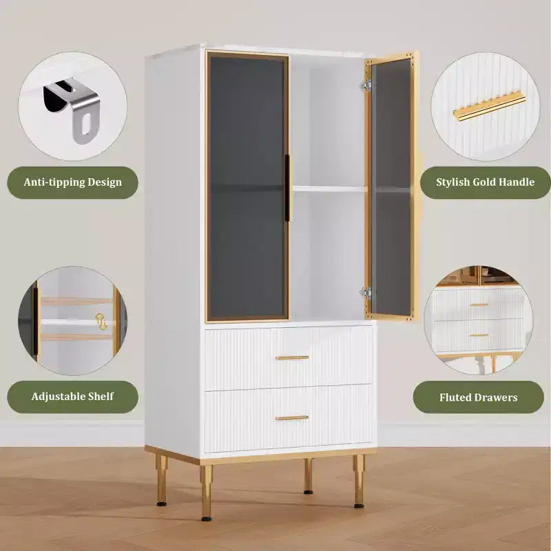 Armoire de rangement avec portes vitrées, buffet avec 2 tiroirs cannelés, étagères réglables pour salon, salle à manger et cuisine.