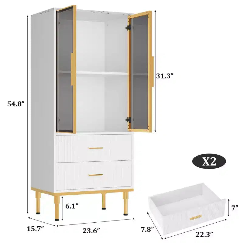 Armoire de rangement avec portes vitrées, buffet avec 2 tiroirs cannelés, étagères réglables pour salon, salle à manger et cuisine.