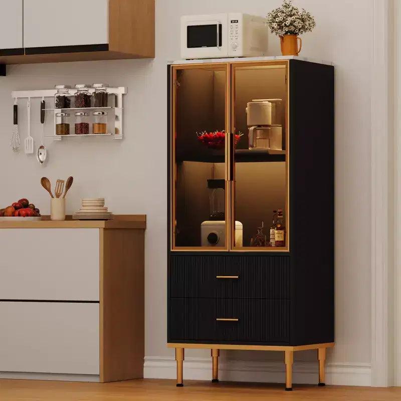 Armoire de rangement avec portes vitrées, buffet avec 2 tiroirs cannelés, étagères réglables pour salon, salle à manger et cuisine.