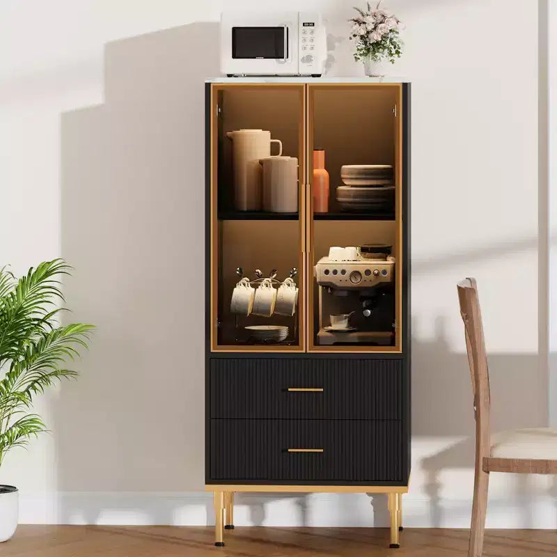 Armoire de rangement avec portes vitrées, buffet avec 2 tiroirs cannelés, étagères réglables pour salon, salle à manger et cuisine.