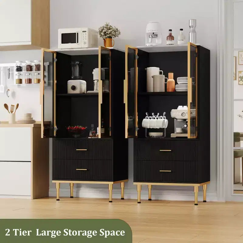 Armoire de rangement avec portes vitrées, buffet avec 2 tiroirs cannelés, étagères réglables pour salon, salle à manger et cuisine.
