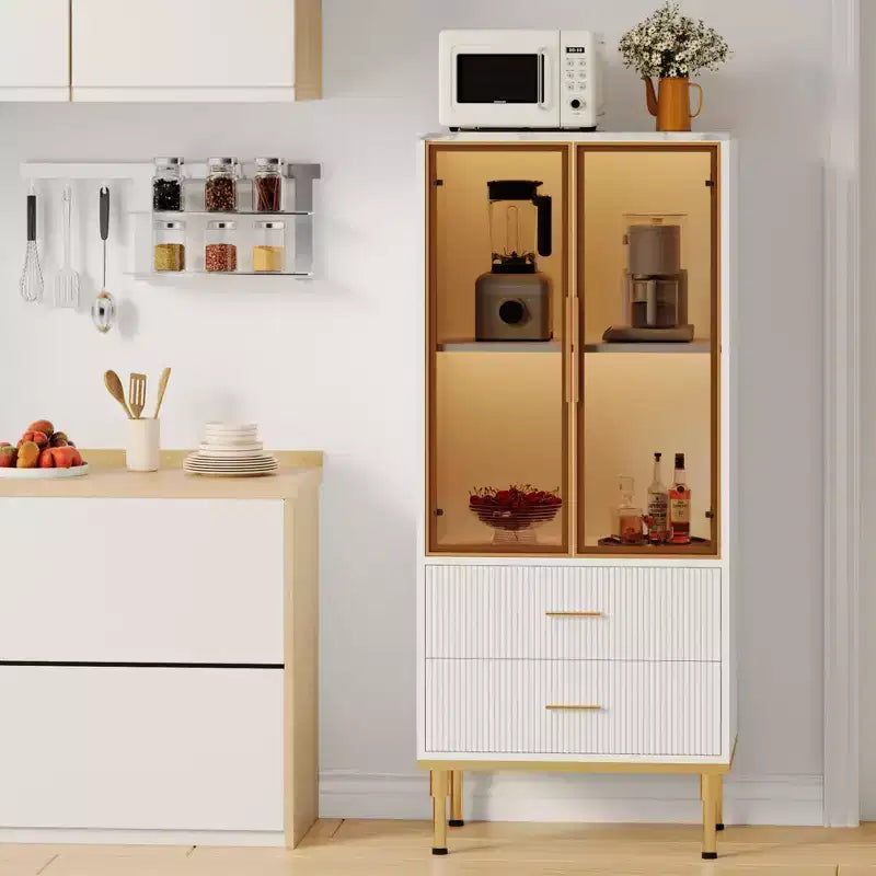 Armoire de rangement avec portes vitrées, buffet avec 2 tiroirs cannelés, étagères réglables pour salon, salle à manger et cuisine.