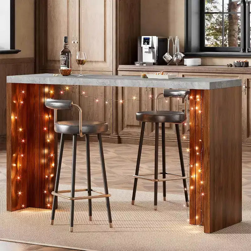 Table de bar de 140 cm avec plateau en faux marbre, table de pub hauteur comptoir pour cuisine, salon, salle à manger