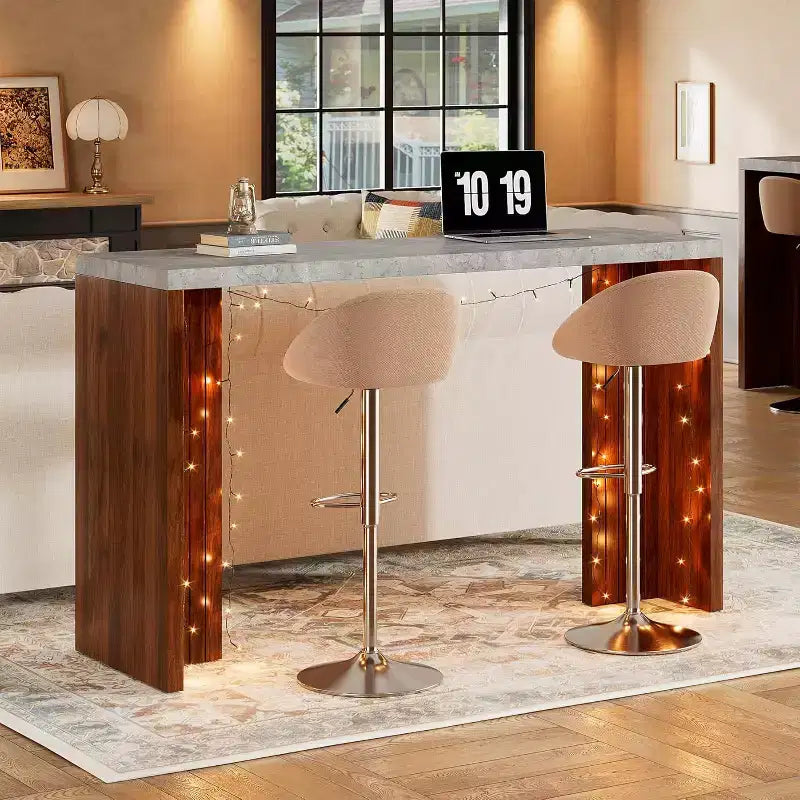 Table de bar de 140 cm avec plateau en faux marbre, table de pub hauteur comptoir pour cuisine, salon, salle à manger