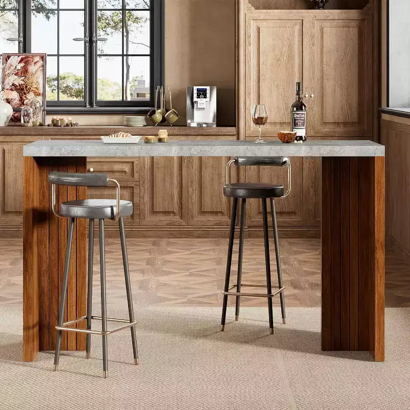 Table de bar de 140 cm avec plateau en faux marbre, table de pub hauteur comptoir pour cuisine, salon, salle à manger