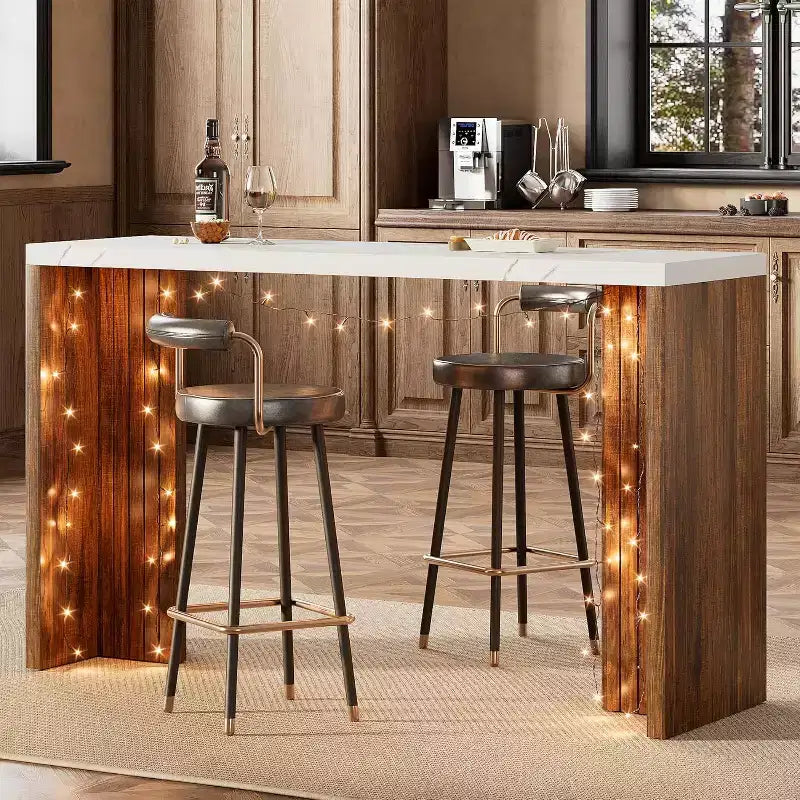 Table de bar de 140 cm avec plateau en faux marbre, table de pub hauteur comptoir pour cuisine, salon, salle à manger