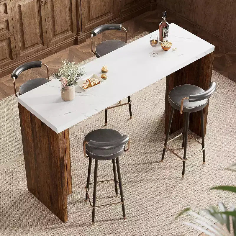 Table de bar de 140 cm avec plateau en faux marbre, table de pub hauteur comptoir pour cuisine, salon, salle à manger