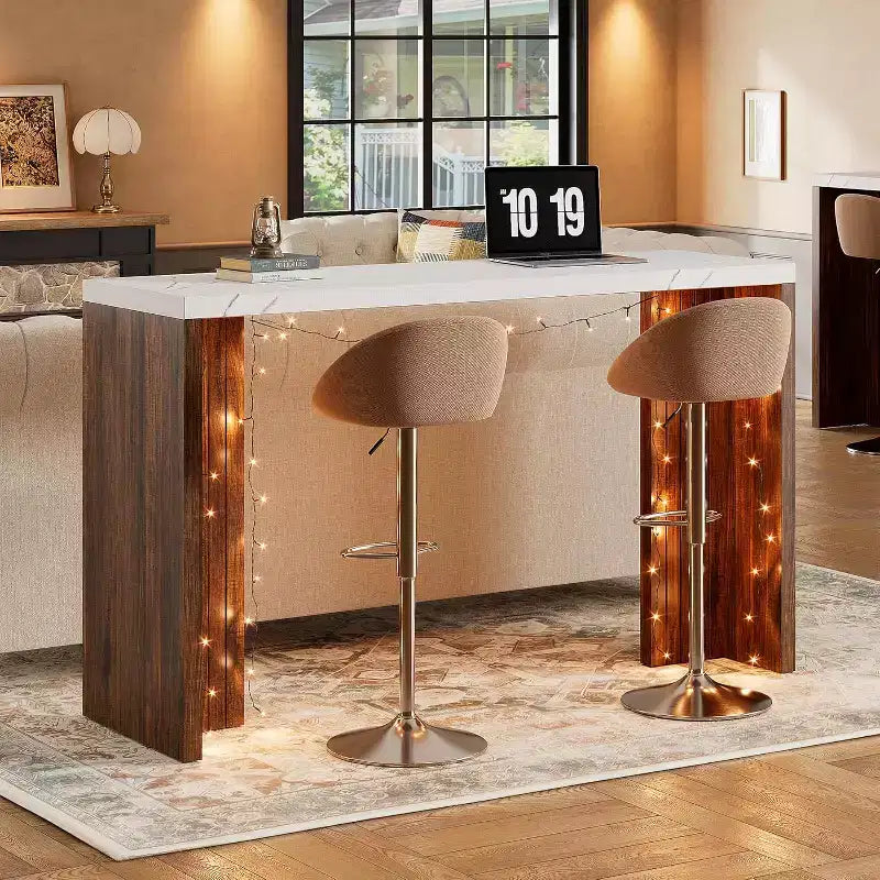 Table de bar de 140 cm avec plateau en faux marbre, table de pub hauteur comptoir pour cuisine, salon, salle à manger