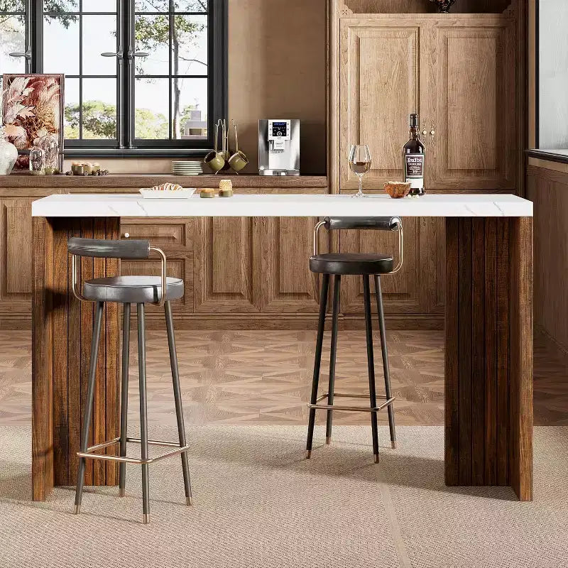 Table de bar de 140 cm avec plateau en faux marbre, table de pub hauteur comptoir pour cuisine, salon, salle à manger