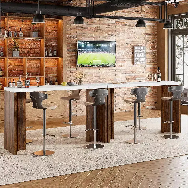 Table de bar de 140 cm avec plateau en faux marbre, table de pub hauteur comptoir pour cuisine, salon, salle à manger