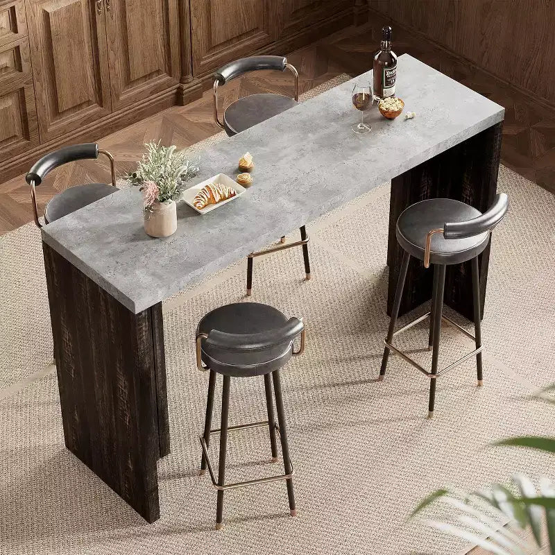 Table de bar de 140 cm avec plateau en faux marbre, table de pub hauteur comptoir pour cuisine, salon, salle à manger