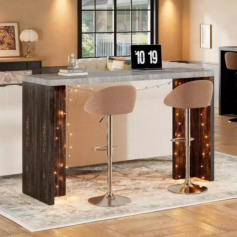 Table de bar de 140 cm avec plateau en faux marbre, table de pub hauteur comptoir pour cuisine, salon, salle à manger