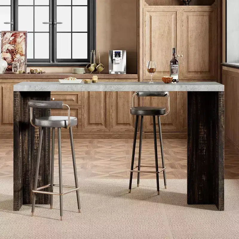 Table de bar de 140 cm avec plateau en faux marbre, table de pub hauteur comptoir pour cuisine, salon, salle à manger