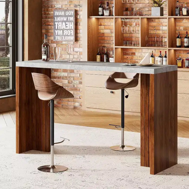 Table de bar de 140 cm avec plateau en faux marbre, table de pub hauteur comptoir pour cuisine, salon, salle à manger