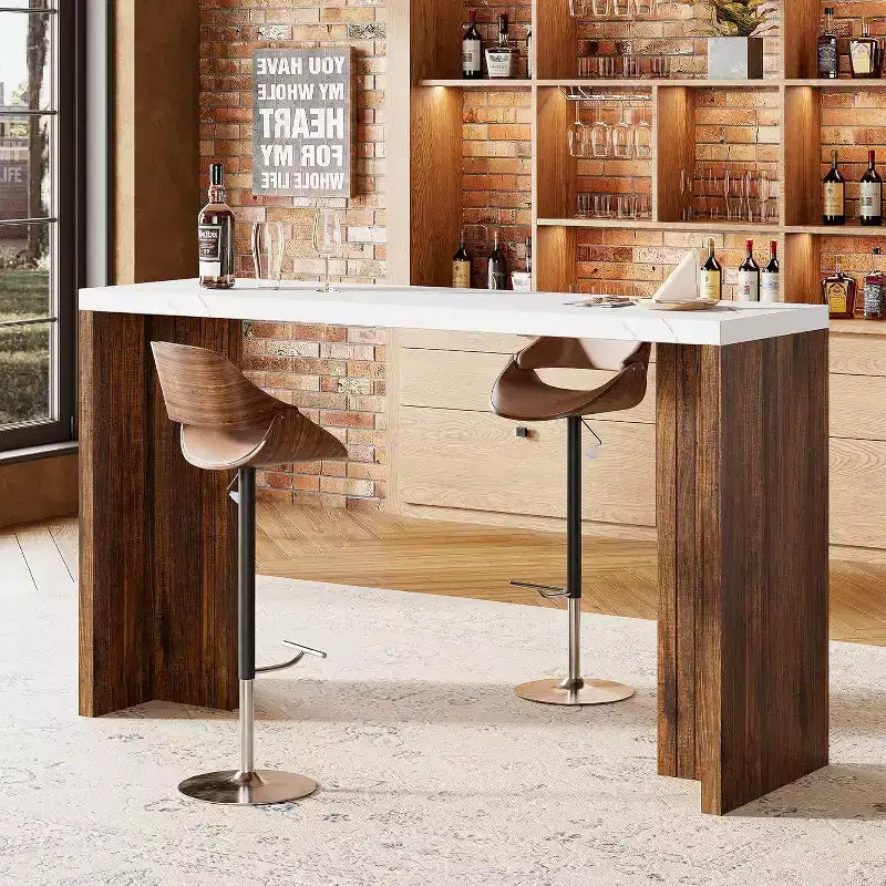 Table de bar de 140 cm avec plateau en faux marbre, table de pub hauteur comptoir pour cuisine, salon, salle à manger