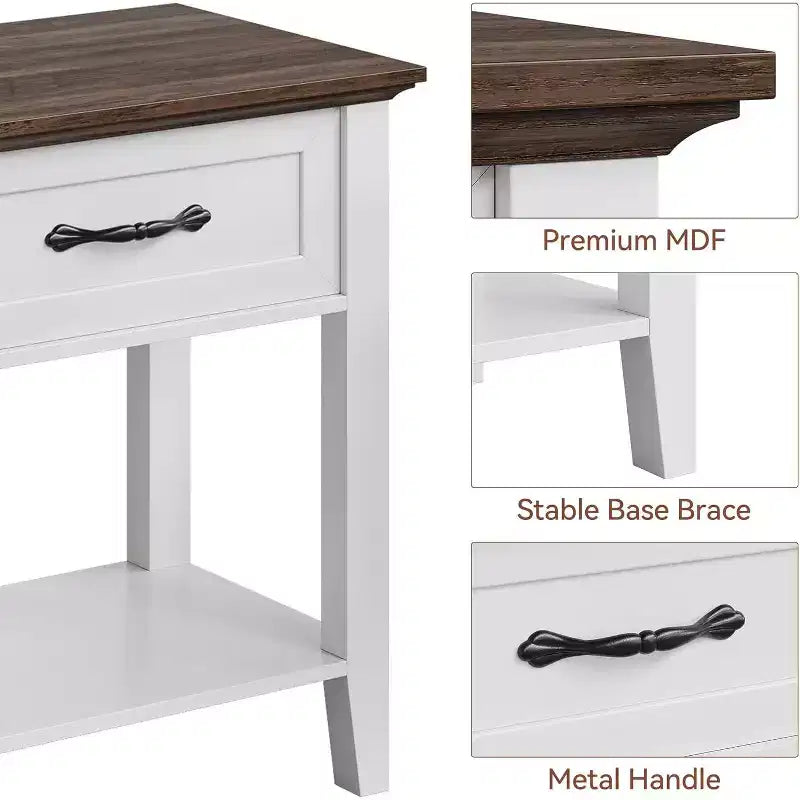 Table de chevet en bois avec 1 tiroir, étagère de rangement ouverte, table d'appoint industrielle, table de chevet étroite blanche, polyvalente pour chambre à coucher, petits espaces