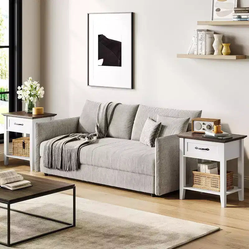 Table de chevet en bois avec 1 tiroir, étagère de rangement ouverte, table d'appoint industrielle, table de chevet étroite blanche, polyvalente pour chambre à coucher, petits espaces