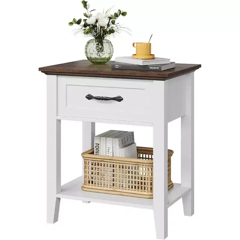 Table de chevet en bois avec 1 tiroir, étagère de rangement ouverte, table d'appoint industrielle, table de chevet étroite blanche, polyvalente pour chambre à coucher, petits espaces